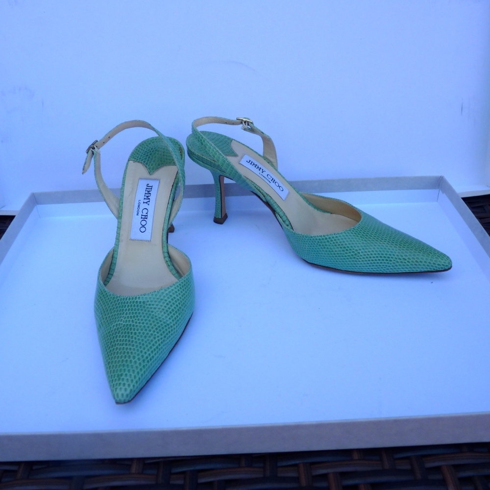 JIMMY CHOO LIZARD SKIN SLINGBACKS, TURQUOISE, SIZE